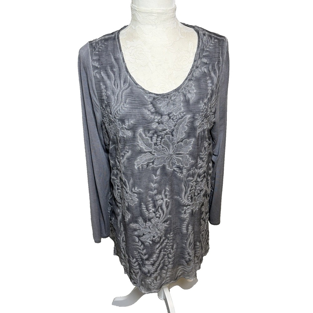 Soft Surroundings Gray Floral Embroidered Silk Knit Tunic Top~Sz M~ Boho Fairy